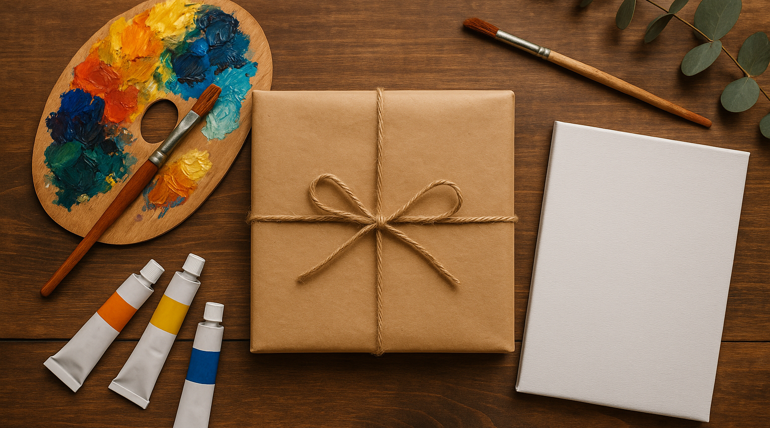 Realistic handmade gift ideas for art lovers setup with paint palette and wrapped gift on wooden table
