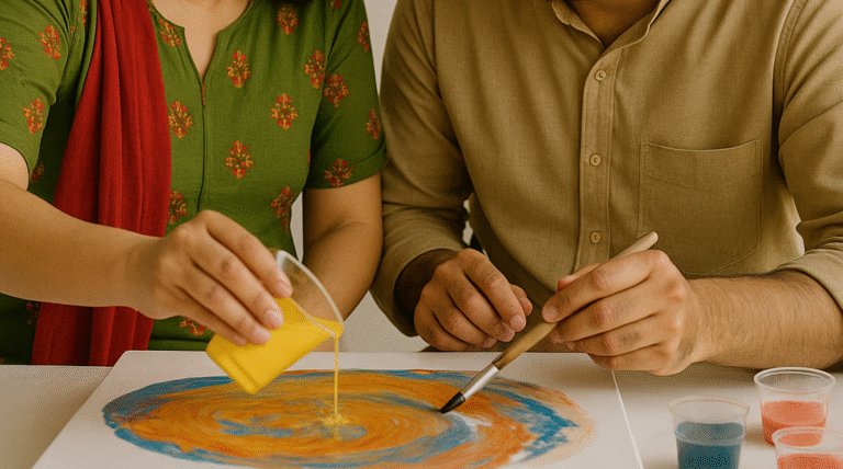 celebrate with art couple doing pour paint and enjoying the process