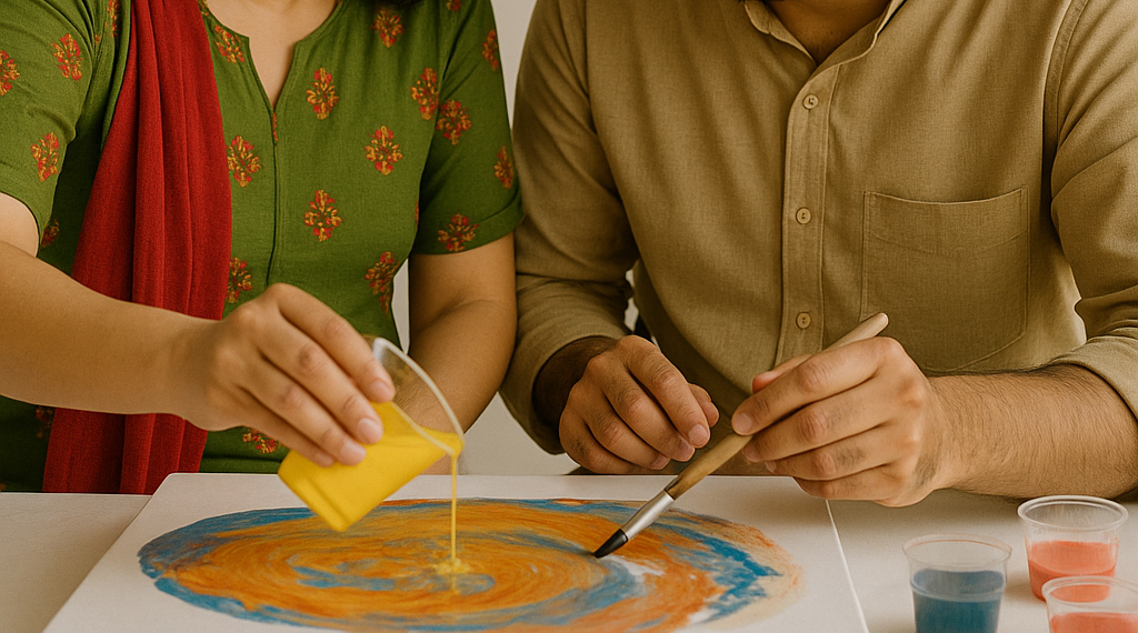 celebrate with art couple doing pour paint and enjoying the process